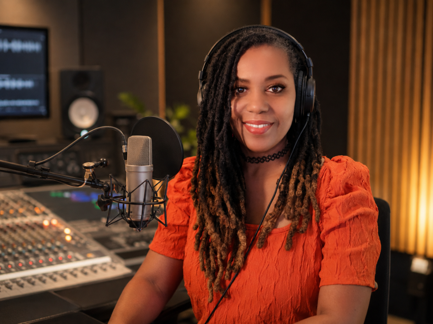 Janell at the microphone in a warm recording studio